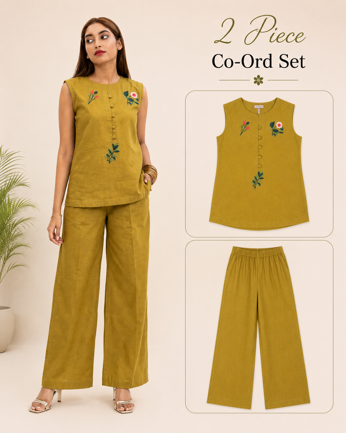Women's Embroidered Sleeveless Co-Ord Set | Cotton Blend Top & Straight Pants Set