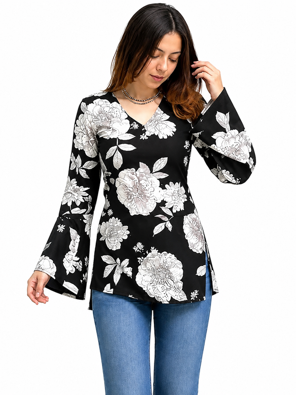 Floral Short Kurti for Office Wear with V-Neck - view 2