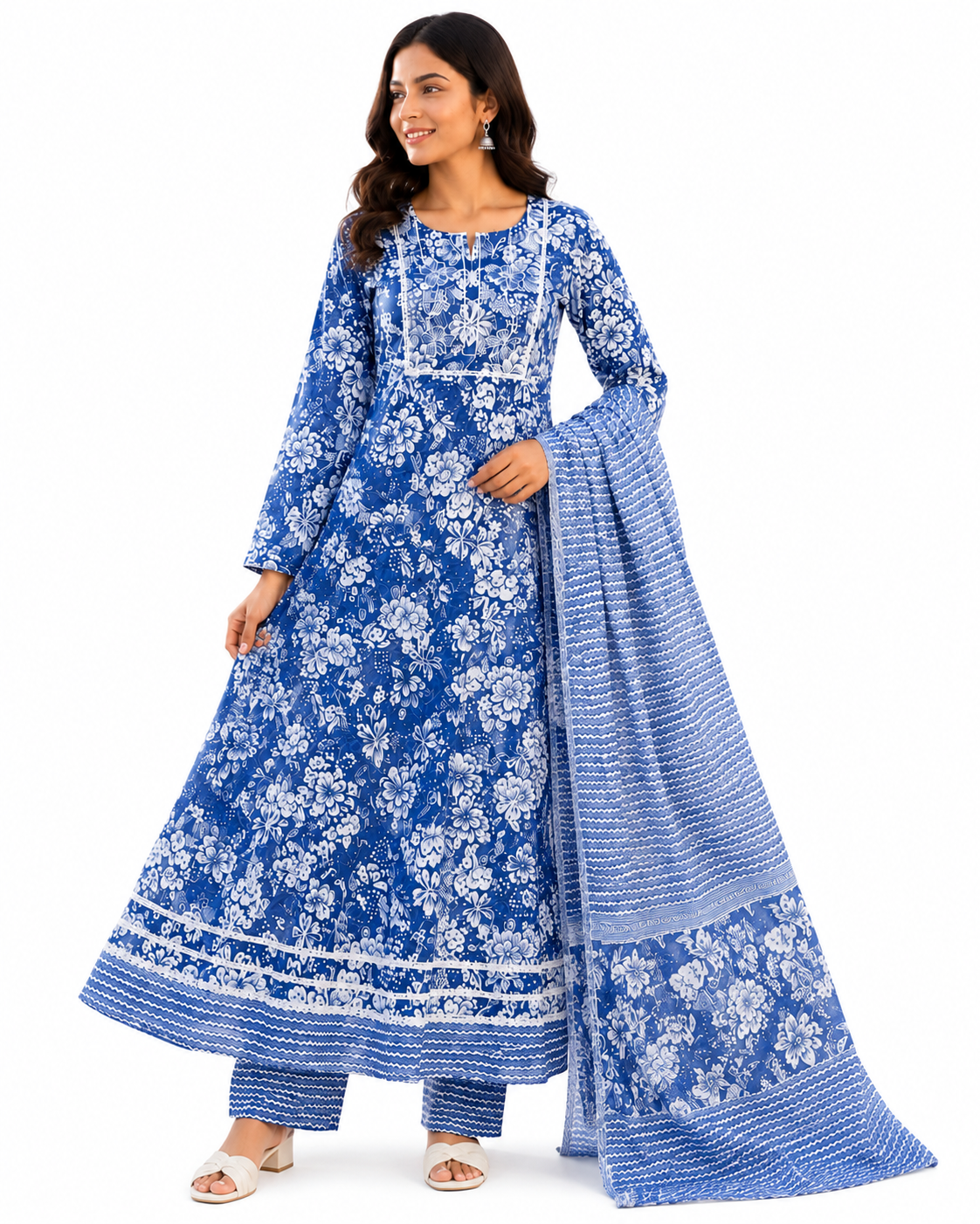 Embroidered Style Flared Kurta for Women, Anarkali Kurta Pant Dupatta Set