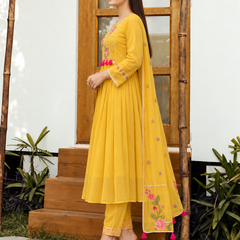 Vibrant Yellow Embroidered Anarkali Suit Set with Dupatta