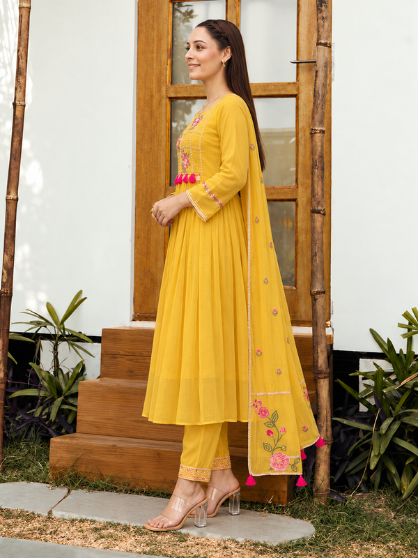 Vibrant Yellow Embroidered Anarkali Suit Set with Dupatta