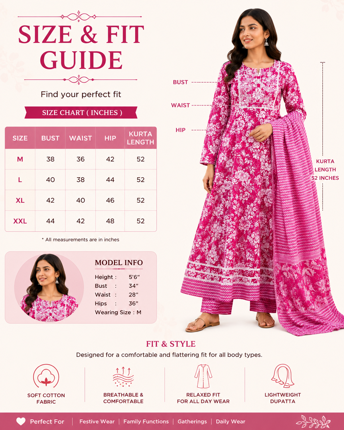 Women's Cotton Anarkali Kurta Pant Dupatta Set