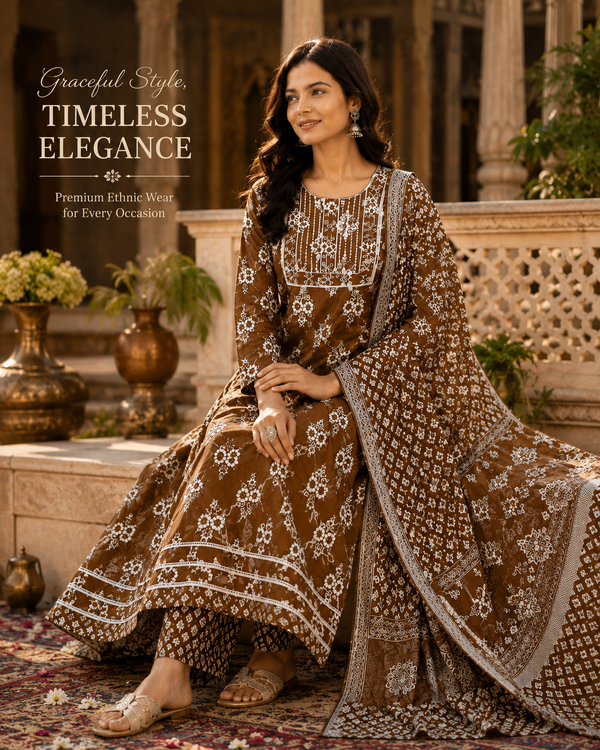Women's Cotton Anarkali Kurta Pant Dupatta Set | Embroidered Ethnic Suit Set