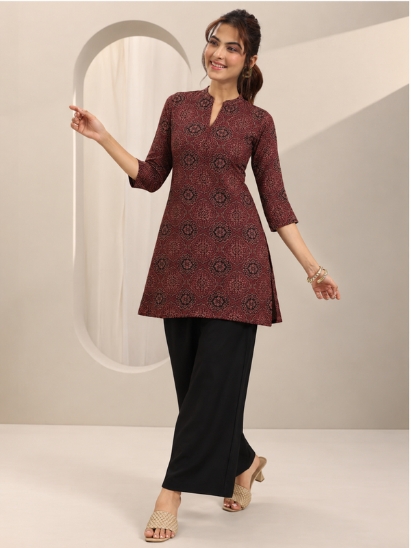 Red Printed Cotton Short Kurti for Office Wear