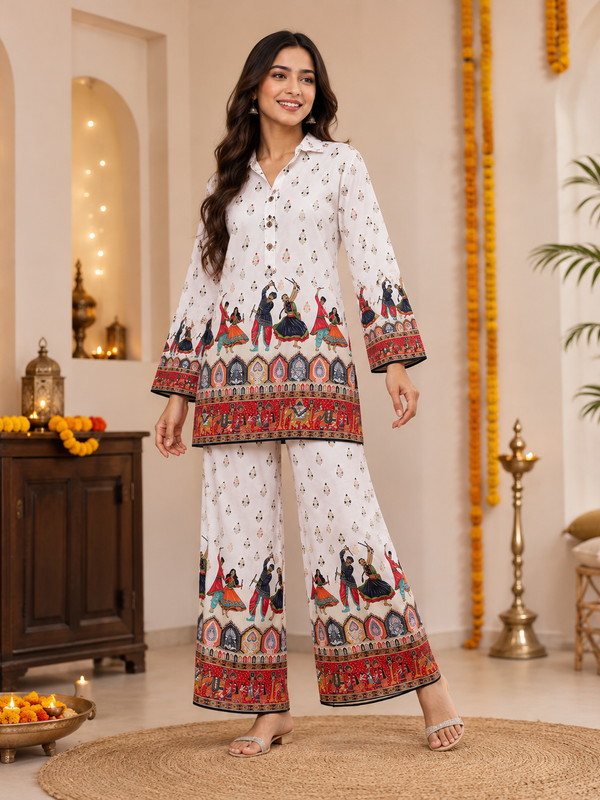 White Rayon Kurta Palazzo Set for Festive Wear - view 3