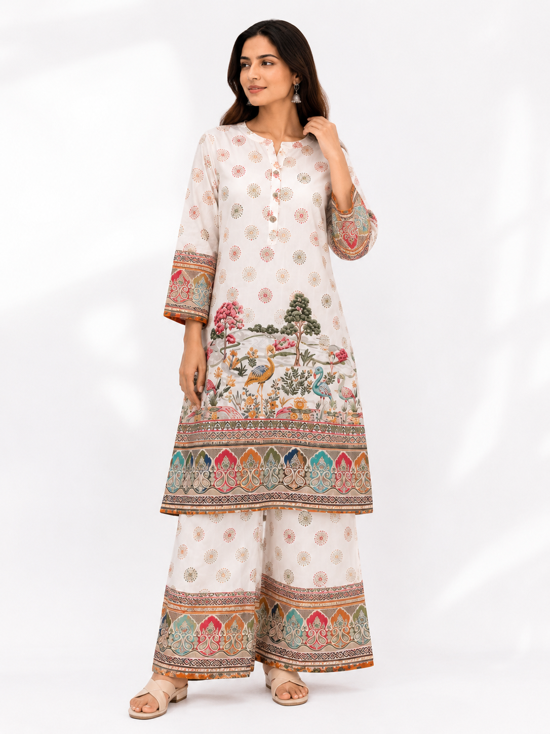 Women's White Printed Rayon Kurta Palazzo Set