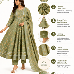 Green Embroidered Cotton Anarkali Suit Set for Festive Wear - view 5