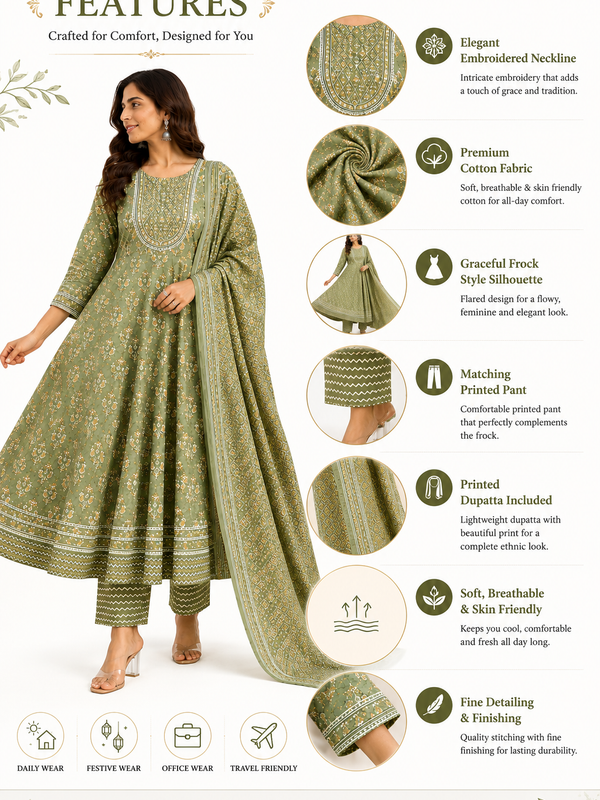 Green Embroidered Cotton Anarkali Suit Set for Festive Wear - view 5