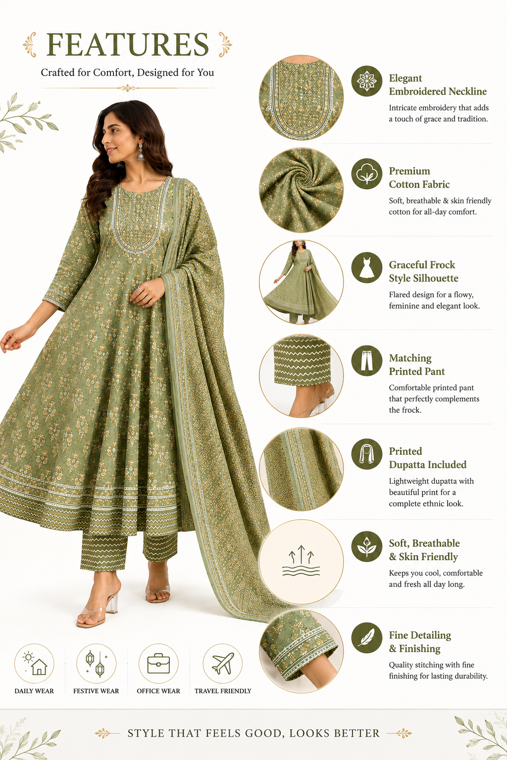 Women's Premium Cotton Anarkali Kurta Pant Dupatta Set | Embroidered Neck | 3-Piece Ethnic Suit