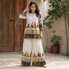 White Folk-Art Print Kurta Palazzo Set for Festive Wear