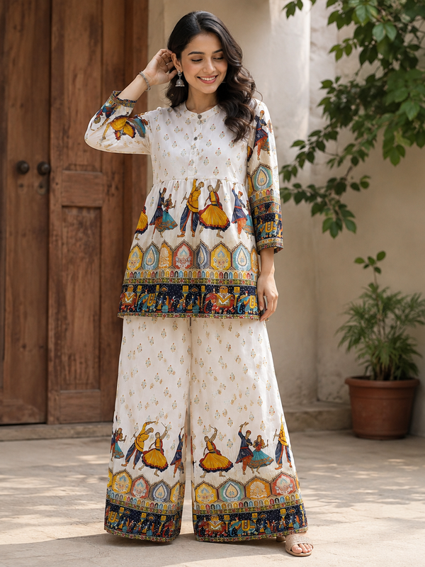 White Folk-Art Print Kurta Palazzo Set for Festive Wear