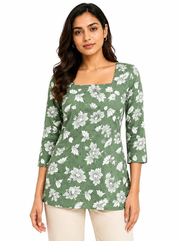Floral-Print Kurti for Office Wear with Square Neck - view 2