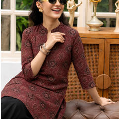 Red Printed Cotton Short Kurti for Office Wear