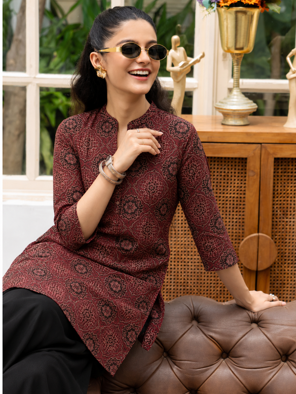 Red Printed Cotton Short Kurti for Office Wear