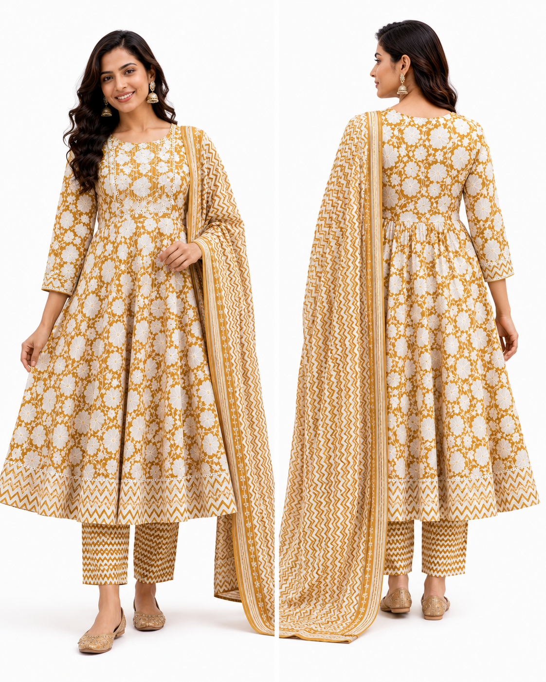 Women's Premium Cotton Anarkali Kurta Pant Dupatta Set | Embroidered Neck | Flared 3-Piece Ethnic Suit