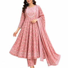 Pink Embroidered Cotton Anarkali Suit Set for Festive Wear - view 2