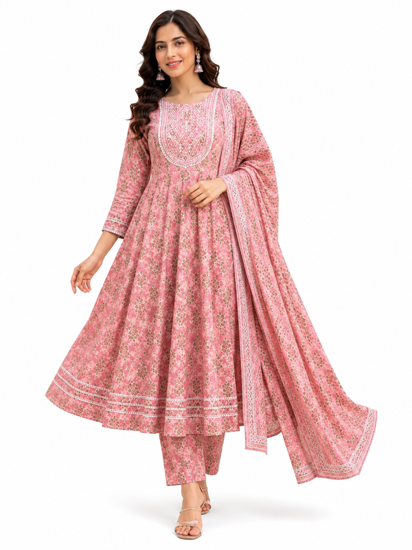 Pink Embroidered Cotton Anarkali Suit Set for Festive Wear - view 2