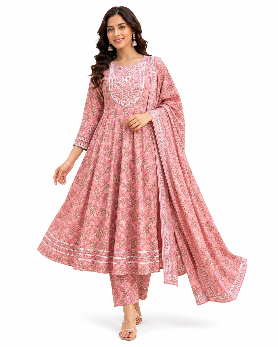 Women's Premium Cotton Anarkali Kurta Pant Dupatta Set | Embroidered Yoke | 3-Piece Ethnic Suit