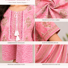 Pink Embroidered Cotton Kurta Pant Dupatta Set for Casual Wear - view 5
