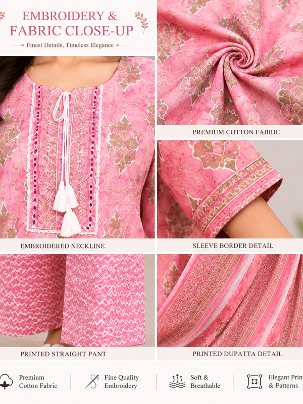 Pink Embroidered Cotton Kurta Pant Dupatta Set for Casual Wear - view 5