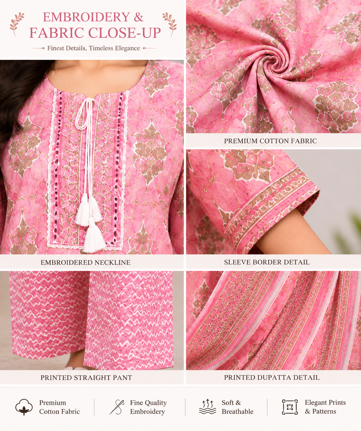 Women's Premium Cotton Kurta Pant Dupatta Set | Embroidered Neck | Printed 3-Piece Ethnic Suit