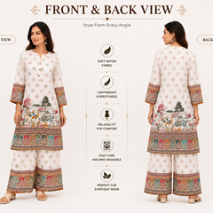White Printed Rayon Kurta Palazzo Set for Festive Wear - view 5