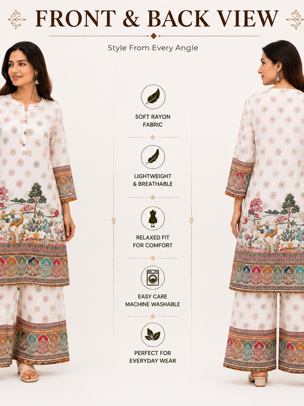 White Printed Rayon Kurta Palazzo Set for Festive Wear - view 5