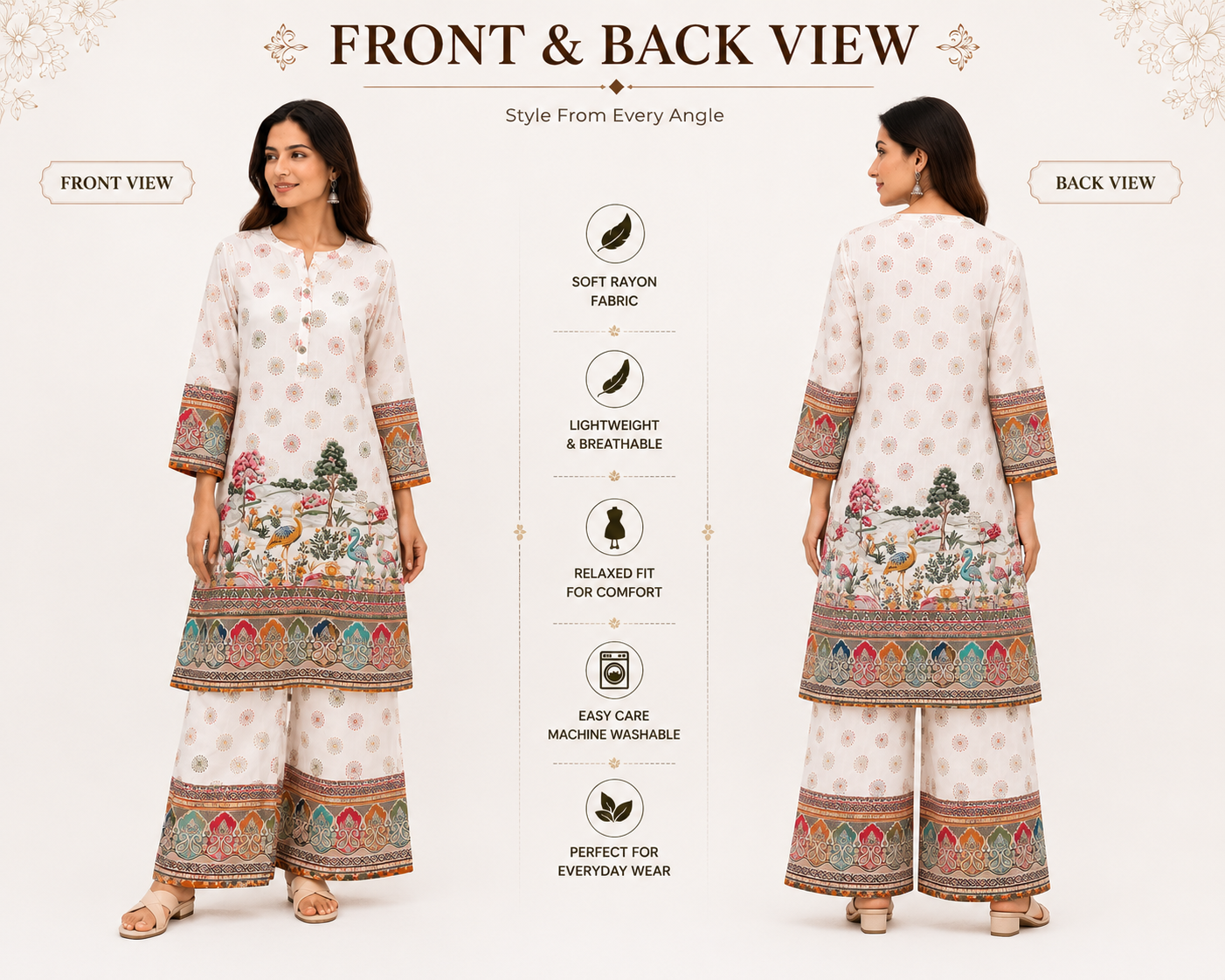 Women's White Printed Rayon Kurta Palazzo Set