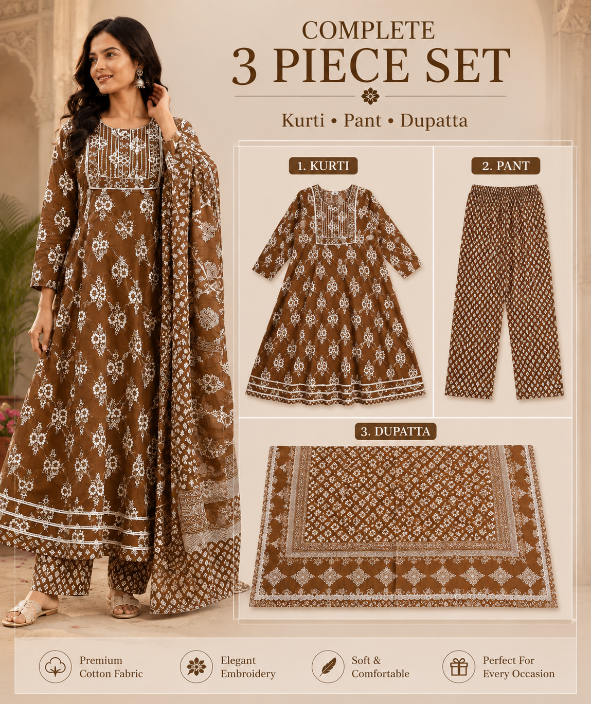 Women's Cotton Anarkali Kurta Pant Dupatta Set | Embroidered Ethnic Suit Set