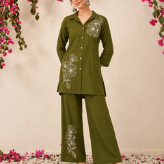 Floral Embroidered Shirt & Pant Co-Ord Set for Office Wear