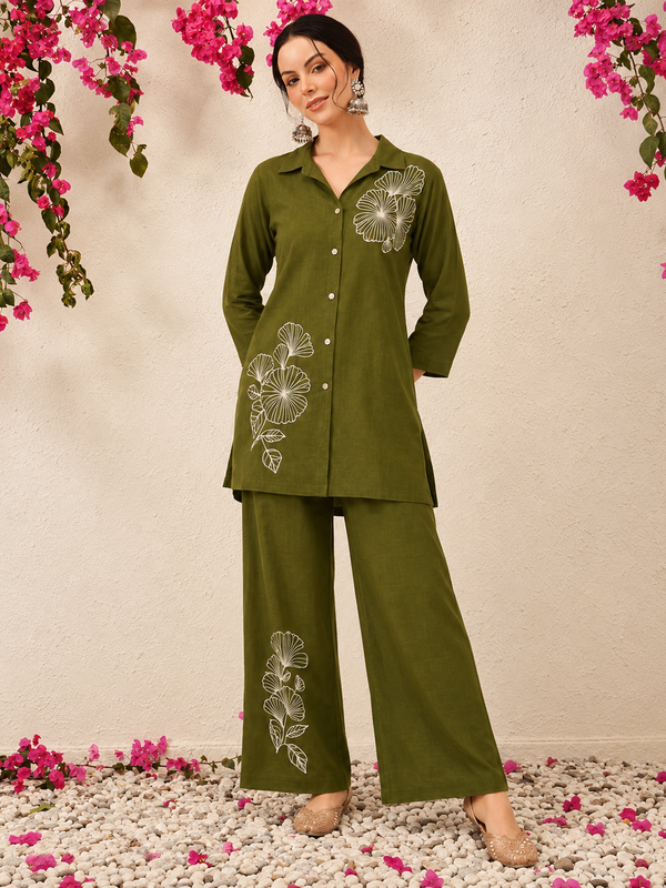Floral Embroidered Shirt & Pant Co-Ord Set for Office Wear