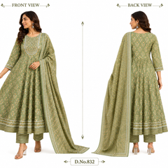 Green Embroidered Cotton Anarkali Suit Set for Festive Wear - view 3