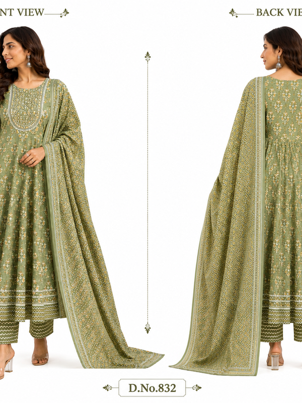 Green Embroidered Cotton Anarkali Suit Set for Festive Wear - view 3