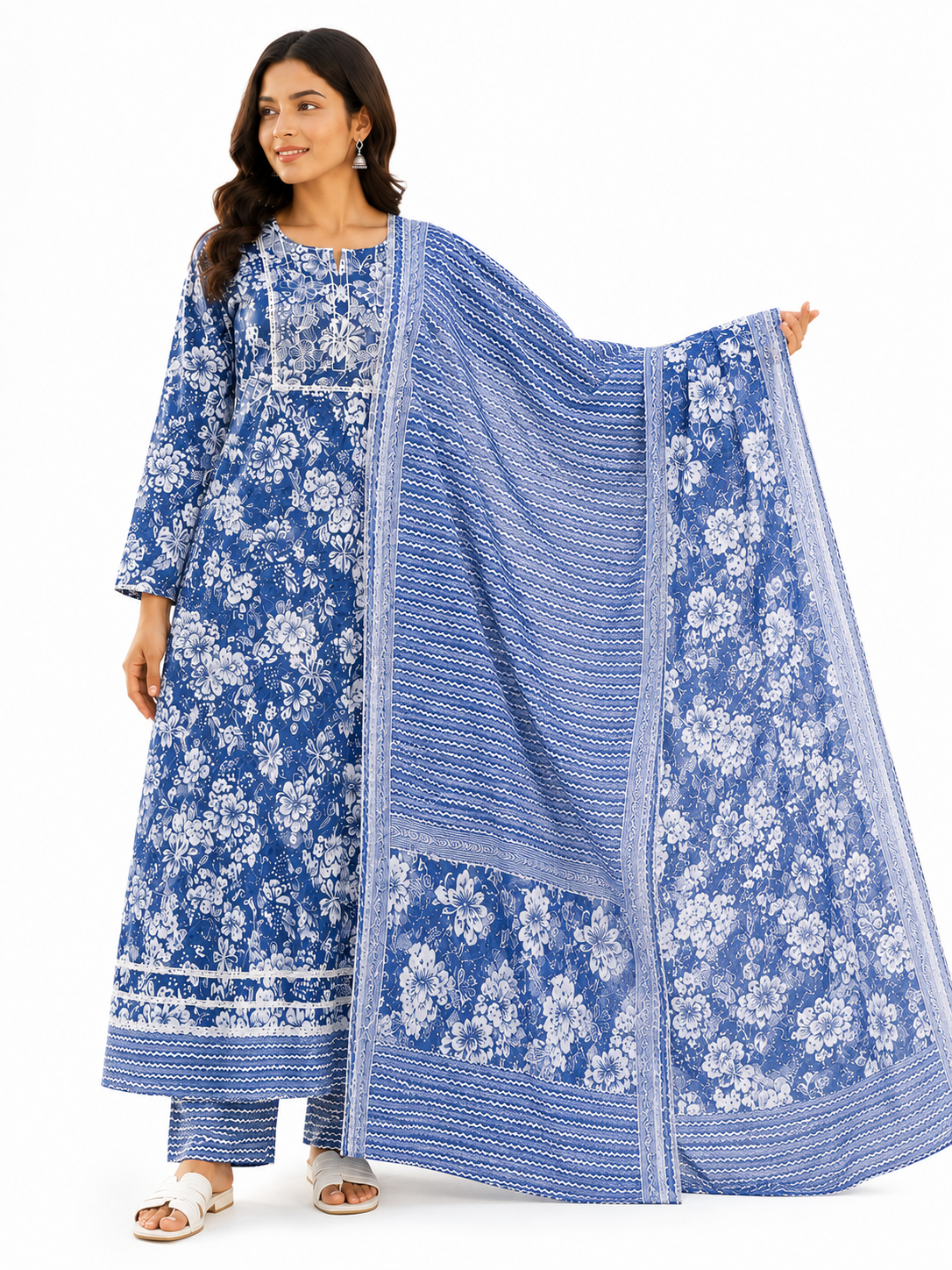 Embroidered Style Flared Kurta for Women, Anarkali Kurta Pant Dupatta Set