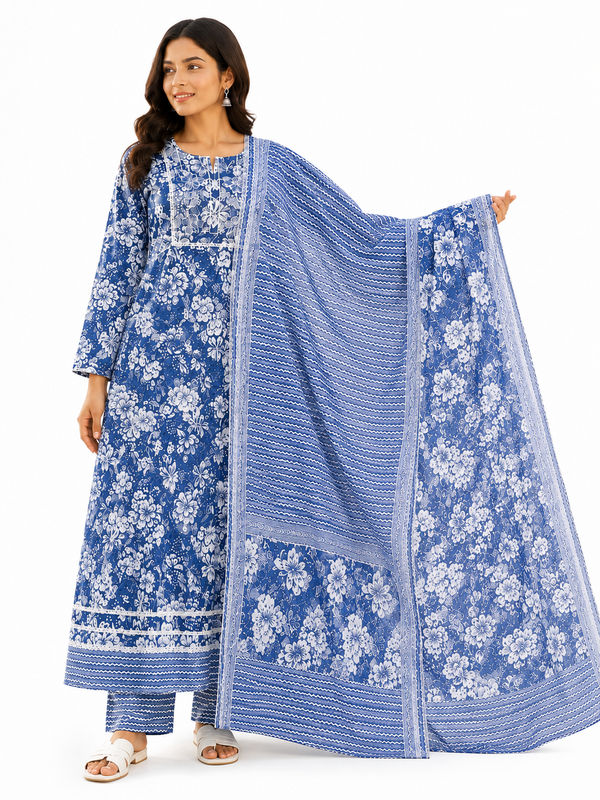 Embroidered Style Flared Kurta for Women, Anarkali Kurta Pant Dupatta Set