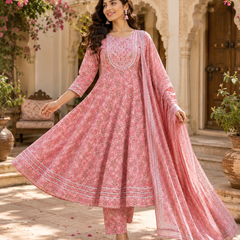 Pink Embroidered Cotton Anarkali Suit Set for Festive Wear
