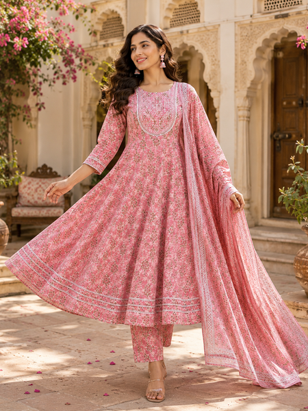 Pink Embroidered Cotton Anarkali Suit Set for Festive Wear