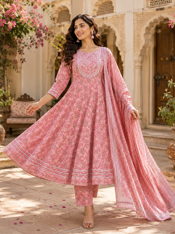 Pink Embroidered Cotton Anarkali Suit Set for Festive Wear