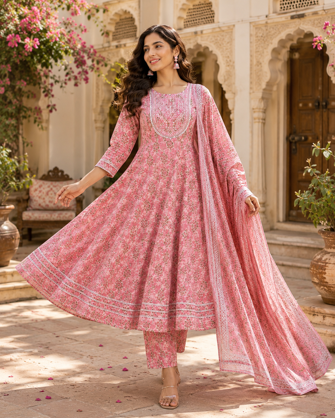 Women's Premium Cotton Anarkali Kurta Pant Dupatta Set | Embroidered Yoke | 3-Piece Ethnic Suit