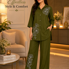 Floral Embroidered Shirt & Pant Co-Ord Set for Office Wear - view 2