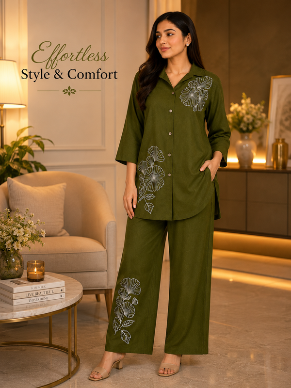 Floral Embroidered Shirt & Pant Co-Ord Set for Office Wear - view 2