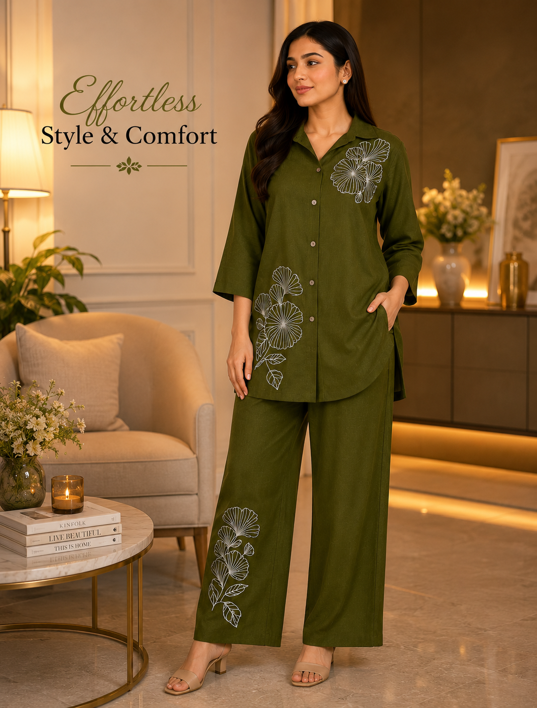 Women's Floral Embroidered Co-Ord Set | Button Down Shirt & Wide Leg Pants