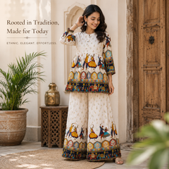 White Folk-Art Print Kurta Palazzo Set for Festive Wear - view 3