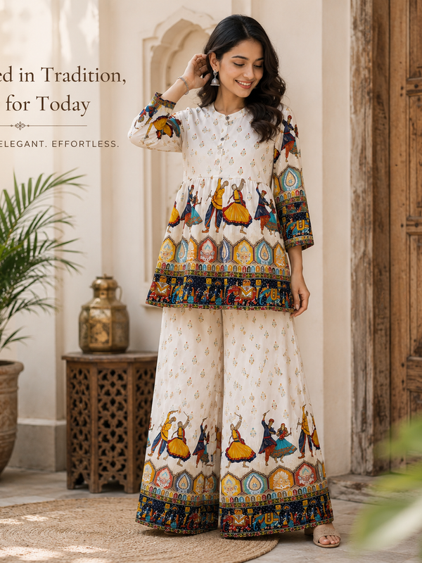 White Folk-Art Print Kurta Palazzo Set for Festive Wear - view 3