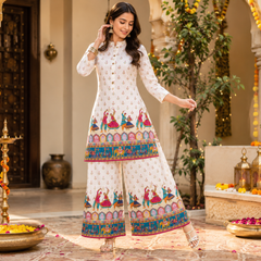 White Motif-Print Kurta Palazzo Set for Festive Wear - view 2