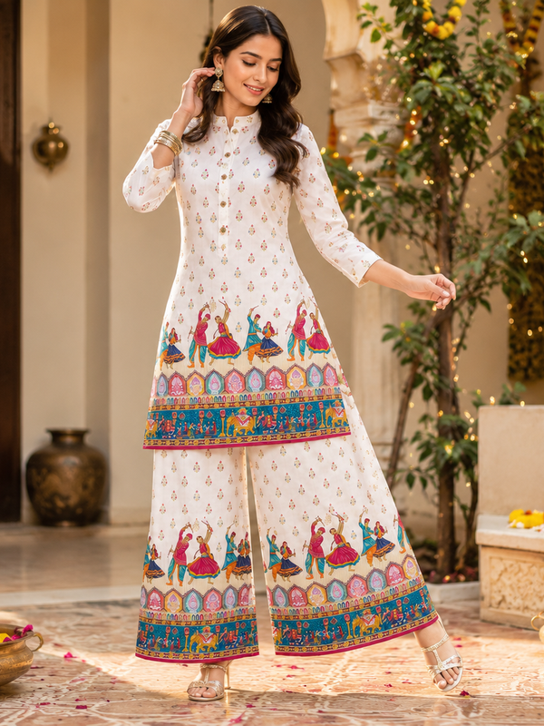 White Motif-Print Kurta Palazzo Set for Festive Wear - view 2