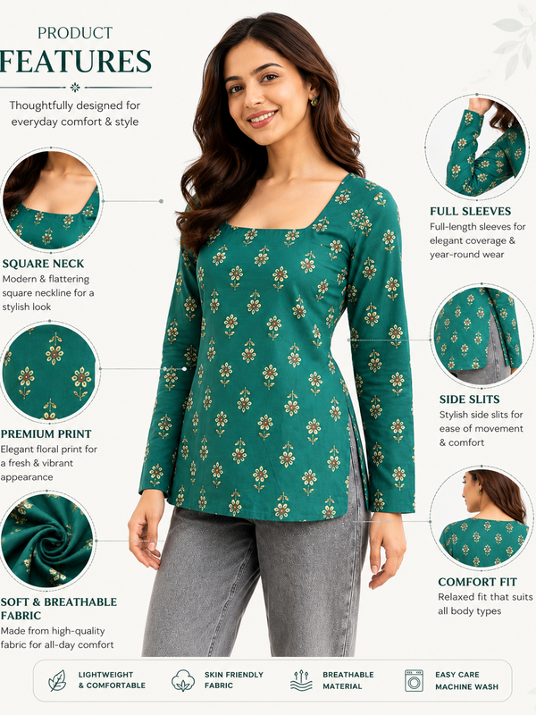 Green Printed Cotton Tunic Top for Office Wear - view 3
