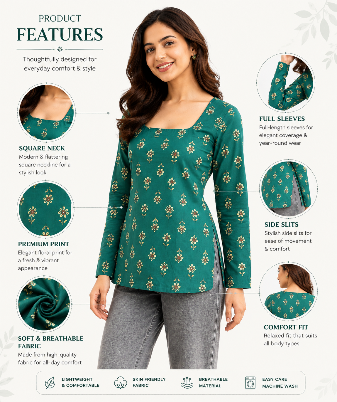 Women's Green Printed Cotton Top | Square Neck Casual Top for Women