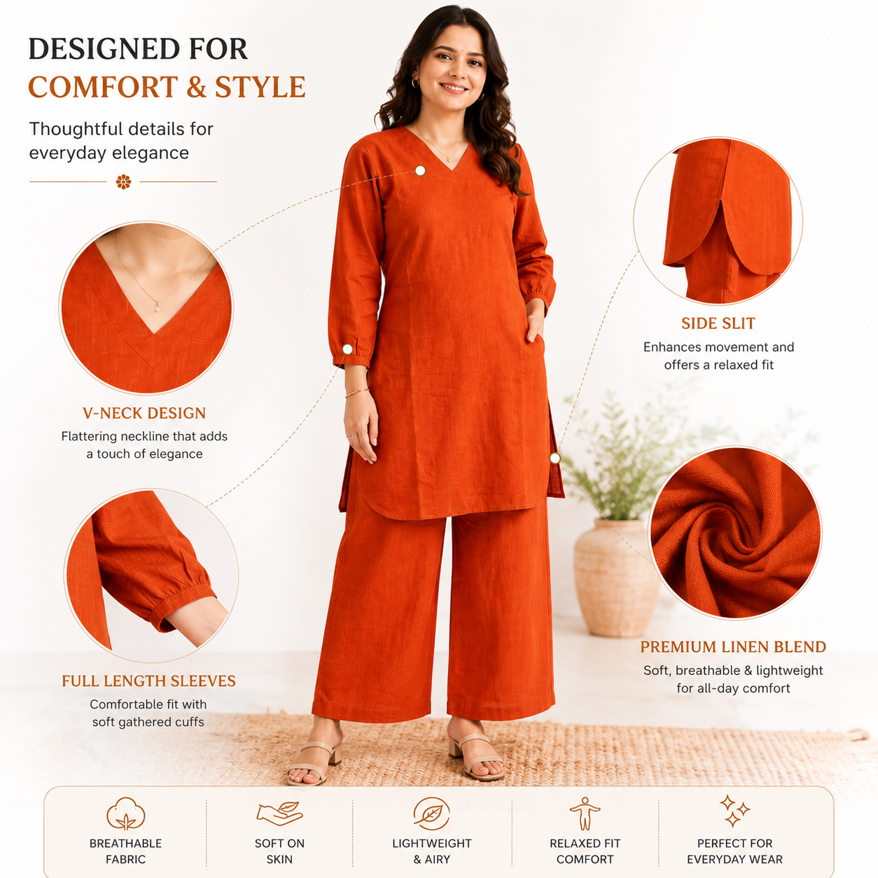 Rust Orange Linen Blend Kurta Pant Co-Ord Set