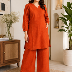 Orange Linen Co-Ord Set for Festive Wear